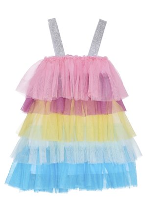 Wielowarstwowa sukienka z tiulu z różowymi, fioletowymi, żółtymi, jasnoniebieskimi i niebieskimi warstwami, z błyszczącymi srebrnymi ramiączkami.