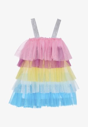 Abito in tulle a più strati con balze rosa, viola, gialle, azzurro chiaro e blu, caratterizzato da spalline glitter argento.