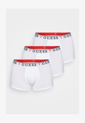 Valge puuvillane boksersett, mille komplektis on kolm tükki, musta ja punase elastse logoga vööd ja sirge lõikega sääred.