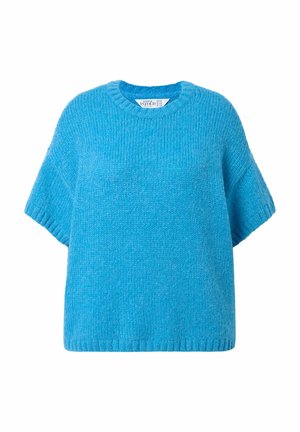 Suéter de manga corta en azul brillante, hecho de un suave tejido de punto. Presenta un escote redondo y un corte relajado y ancho.