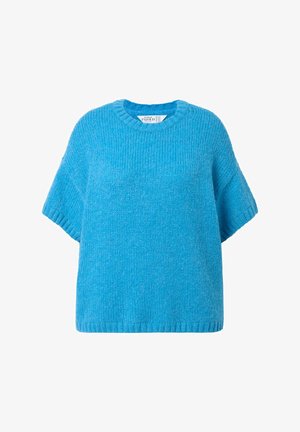 Suéter de manga corta en azul brillante, hecho de un suave tejido de punto. Presenta un escote redondo y un corte relajado y ancho.