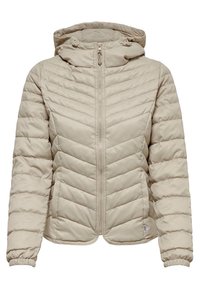 Vaalean beige vuorattu puffer-takki, jossa on huppu, etuvetoketju, sivutaskut ja elastiset hihansuut.