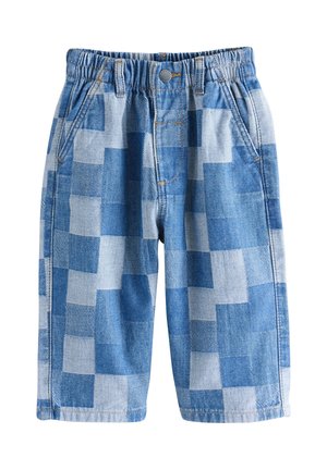 Kinderjeans mit elastischem Bund, blauem Patchwork-Design und vorderen Taschen.