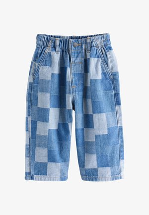 Dziecięce jeansy z elastycznym pasem, niebieskim wzorem patchwork i przednimi kieszeniami.