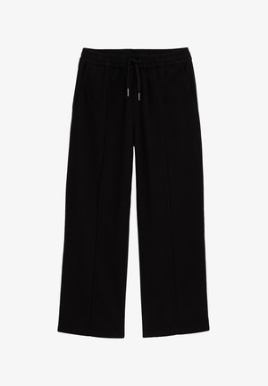 Pantalones deportivos negros de pierna ancha con cintura elástica y cordón ajustable. Cuentan con bolsillos laterales y una textura suave. Adecuados para uso casual.