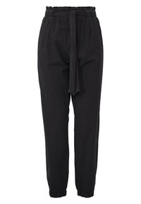 Black, loose-fitting trousers with an elastic waistband, tied belt, and elastic cuffs at the ankles. Made from soft fabric with a smooth texture.