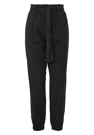 Black, loose-fitting trousers with an elastic waistband, tied belt, and elastic cuffs at the ankles. Made from soft fabric with a smooth texture.