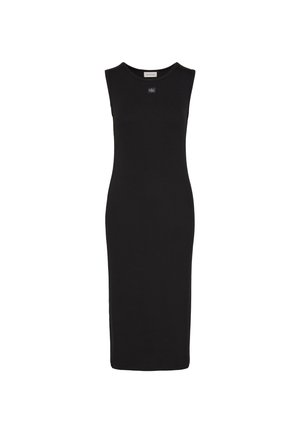 Μαύρο εφαρμοστό midi φόρεμα χωρίς μανίκια με στρογγυλή λαιμόκοψη, με ένα μικρό ορθογώνιο λογότυπο κάτω από το γιακά.