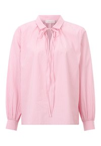 Blusa de rayas rosas con cuello, mangas largas y detalle de lazo en el cuello. Fabricada con una tela suave y de corte relajado.
