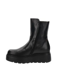 Zwarte leren enkelboot met een zijrits, ronde neus, grove zool en een gladde textuur. Het verhoogde platformontwerp zorgt voor extra hoogte.