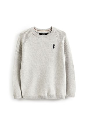 Pull gris clair en maille avec col rond côtelé, manches texturées et petit logo homard foncé sur la partie supérieure gauche de la poitrine.