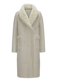 Beige Doppelreiher-Mantel mit breitem Kunstpelzkragen, zwei vorderen Taschen und geradlinigem Schnitt. Glatte Textur mit sichtbaren Nähten.