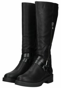 Botas negras de altura hasta la rodilla fabricadas con cuero sintético suave, con cremallera lateral, correas anchas con hebillas y un tacón cuadrado resistente.