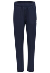 Marina atletiska byxor tillverkade av textilerat tyg, med resårmidja och logodetalj. Taperad bendesign med blixtlås vid anklarna.