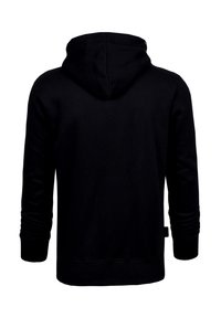 Zwarte hoodie van zachte stof, met een trekkoordkap, ribbelboorden en zoom. Vloeiende textuur, eenvoudig ontwerp, zonder zichtbare graphics.