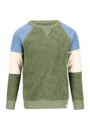 Zielona bluza z raglanowymi rękawami w blokach kolorów niebieskim, białym i zielonym. Miękka tekstura, prążkowany okrągły dekolt i wykończenia z taśmy.