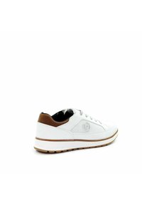 White and brown casual sneaker with perforated side panel, lace-up closure, and rubber sole, angled to show outer side and heel.