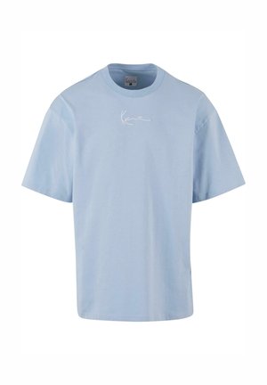 Helles blaues Baumwoll-T-Shirt, kurze Ärmel, Rundhalsausschnitt, mit weißem, geschwungenem Text auf der Vorderseite. Gerader Schnitt, weiche Textur.
