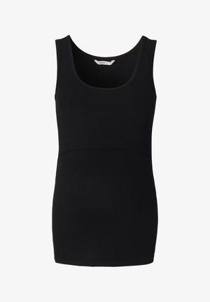 Zwarte tanktop van rekbare stof, met een ronde halslijn en een strakke pasvorm. Eenvoudig ontwerp, zonder patronen of accenten.