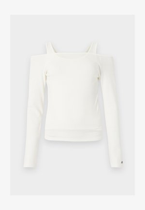 Bela dolga majica z dolgimi rokavi in odprtimi ramenčki s tankimi naramnicami ter ravnim izrezom, prikazana na svetli podlagi.