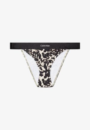 Fekete-fehér leopárdmintás tangatáska fekete elasztikus derékkal, amelyen a "Calvin Klein" logó található. Simább anyag, minimális takarással rendelkező dizájn.
