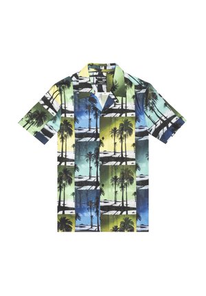 Chemise à manches courtes avec un imprimé tropical de palmiers en noir, vert, bleu et jaune sur un fond clair.