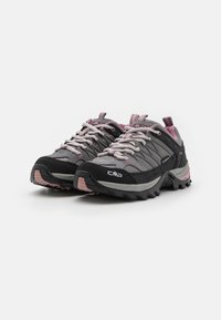 Black and gray hiking shoes with pink accents. Textured fabric upper, reinforced toe cap, and durable rubber outsole with traction pattern.