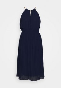 Rochie plisată de culoare bleu marin, cu talie accentuată, fără mâneci și bretele ajustabile. Prezintă o închidere tip clefă la spate.