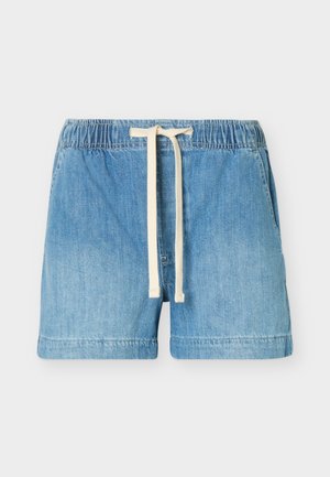 Hellblaue Jeansshorts mit elastischem Bund und weißem Kordelzug, Vordertaschen und geradem Saum.