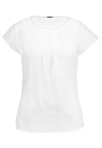 Vit kortärmad blus med rund halsringning och subtila veck fram, tillverkad av ett mjukt, lätt material.