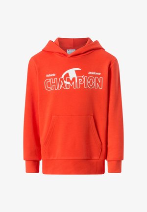 Czerwona bawełniana bluza z kapturem, z przednią kieszenią typu kangur, ściągaczami na mankietach oraz wyraźnym białym logo "CHAMPION" na piersi.