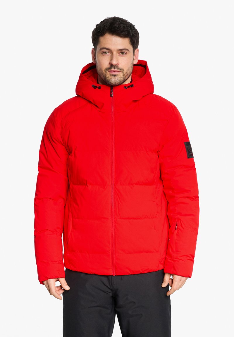 Red puffer jacket with a hood, featuring a zip closure and side pockets. Constructed from durable, water-resistant material.