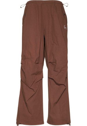 Brown cargo pants with an elastic waistband and adjustable drawstring, featuring side pockets and a relaxed fit. Smooth texture, lightweight fabric.