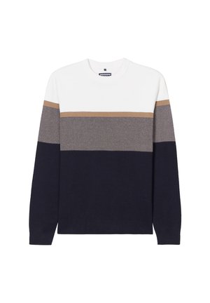 Suéter de punto en diseño de rayas blanco, marrón y azul marino. Presenta mangas largas, cuello redondo y acentos tejidos texturizados en el centro.