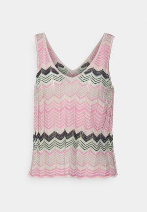 Bezrękawnik z wzorem w zygzak w kolorach różowym, czarnym i zielonym, wykonany z teksturowanej, błyszczącej tkaniny, z głębokim dekoltem w kształcie litery V.