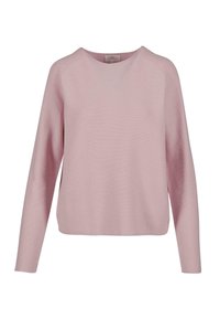 Roze sweater met lange mouwen, ronde hals en geribbelde textuur. Heeft een relaxte pasvorm en een subtiele logo-label op de zoom.
