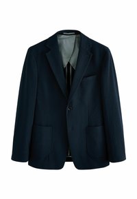 Marineblauer Blazer aus strukturiertem Stoff, mit zwei Fronttaschen, einem Knopfverschluss und einem glatten Innenfutter mit Streifen.