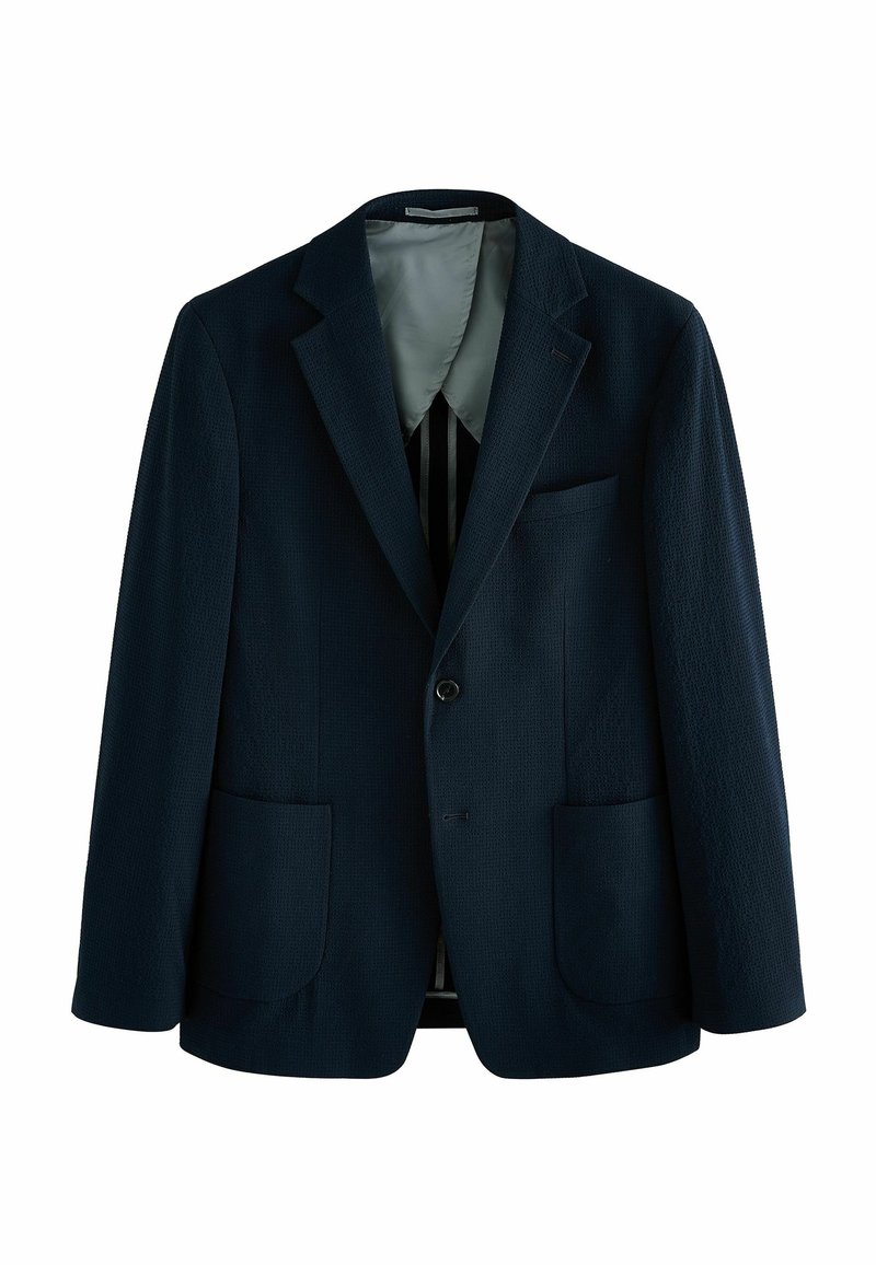 Marineblauer Blazer aus strukturiertem Stoff, mit zwei Fronttaschen, einem Knopfverschluss und einem glatten Innenfutter mit Streifen.