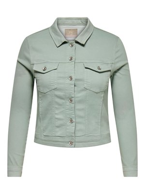 Light green cropped denim jacket with long sleeves, button front, and two buttoned chest pockets.