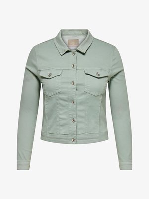 Svijetlo zelena izrezana traper jakna s dugim rukavima, gumbima sprijeda i dva džepa na prsima s gumbima.