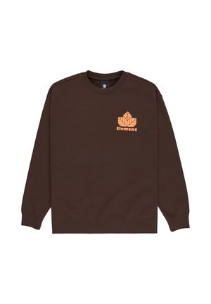 Brun fleece sweatshirt med ribbet krave, lange ærmer og et orange bladlogo med teksten "Element" på brystet.