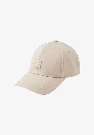 Beige baseball cap made of fabric with a textured finish. Features a curved brim and a stitched label on the front.