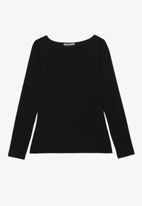 Svart langermet topp med rund hals, ribbet tekstur og rett snitt. Enkel design uten synlige mønstre eller pynt.