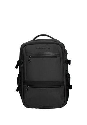 Zaino rettangolare nero con più scomparti con zip, tasche laterali in rete, manico imbottito sulla parte superiore e cinghie laterali regolabili.