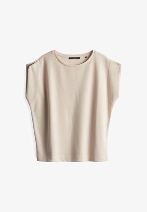 Beige gestreiftes Kurzarmoberteil mit einem runden Ausschnitt und fallenden Schultern, das einen lockeren Schnitt und eine weiche Textur aufweist.