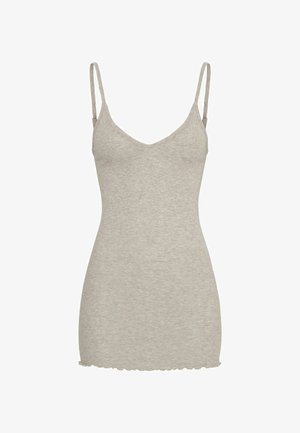 Svetlo siva top brez rokavov z nastavljivimi spaghetti naramnicami, V-izrezom in valovitim robom, izdelan iz mehke, raztegljive tkanine.