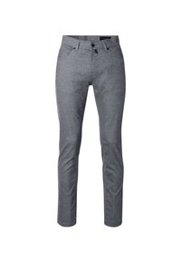 Gray, slim-fit jeans with a smooth texture, five-pocket design, and belt loops. Features a button and zipper fly closure.
