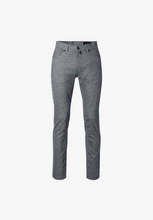 Grijze, slim-fit jeans met een soepele textuur, vijf-pocket ontwerp en riemlussen. Voorzien van een knoop- en ritssluiting.