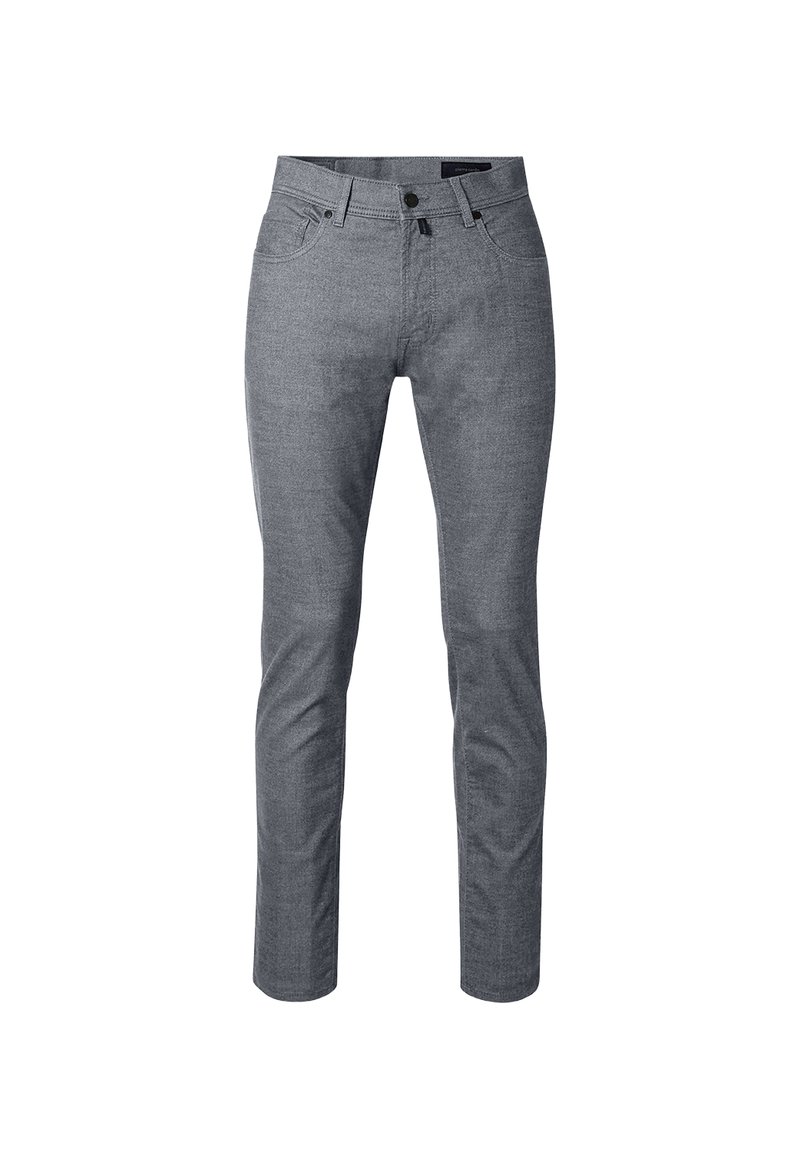 Gray, slim-fit jeans with a smooth texture, five-pocket design, and belt loops. Features a button and zipper fly closure.