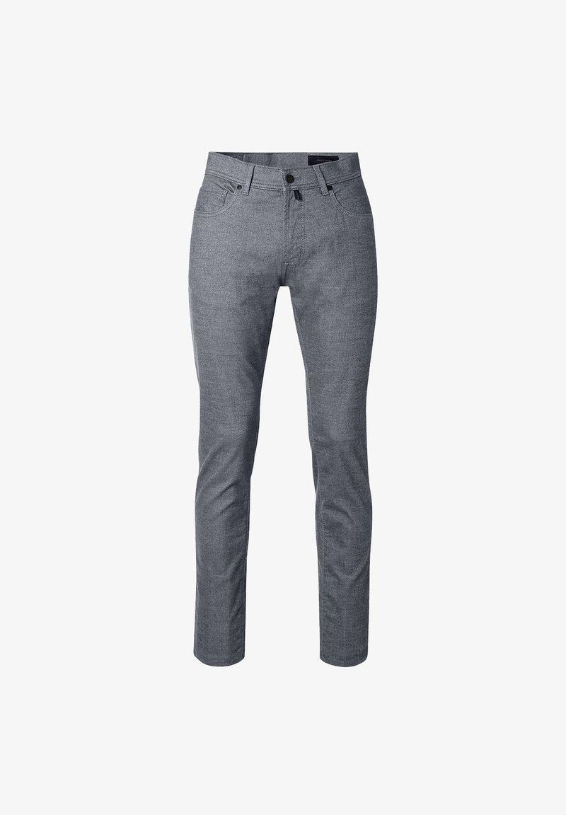 Gray, slim-fit jeans with a smooth texture, five-pocket design, and belt loops. Features a button and zipper fly closure.